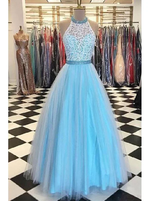 Reduced Prices Lace Prom Dresses Halter A-line Floor-length Sexy Prom Dress/Evening Dress JKL454