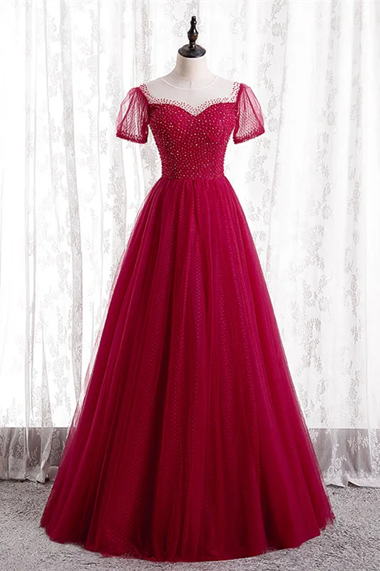Blowout Deals backless dressRed Illusion Neck Sheer Puff Sleeves Beaded Tulle Long Formal Dress