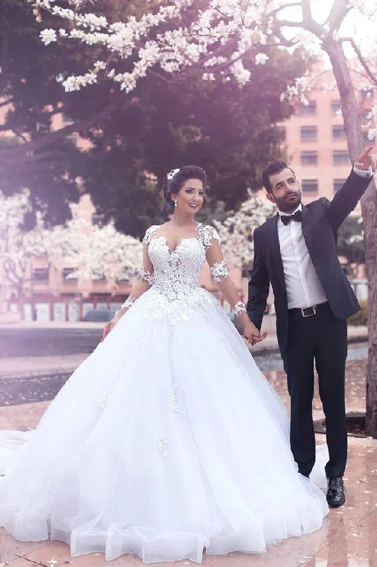 Major Savings AmazingLong Sleeves Ball Gown Wedding Dresses Latest Lace Applique Bridal Gowns