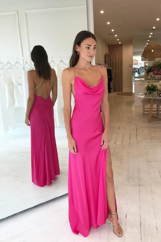 Savings Alert t-shirt dressSimple Hot Pink Criss Cross Long Evening Dresses Silk Satin Prom Dress With Slit Y63