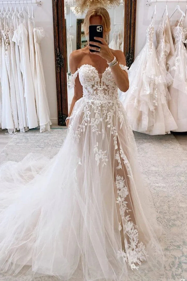 Seasonal Sale wrap-around dressSweetheart Off-Shoulder Lace Wedding Dress With Tulle Train Seasonal Sale wrap-around dressSweetheart Off-Shoulder Lace Wedding Dress With Tulle Train