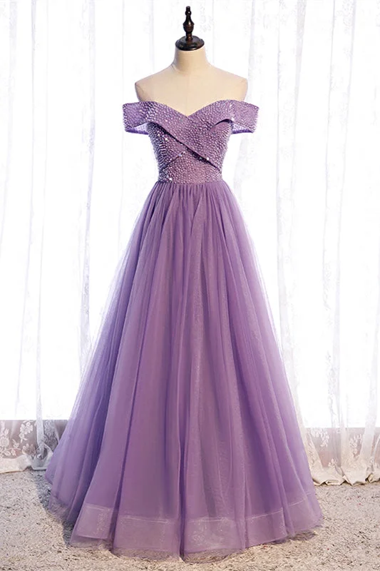 Lowest Prices boho-chic dressLavender Folded Off-the-Shoulder Beaded Tulle Maxi Formal Dress