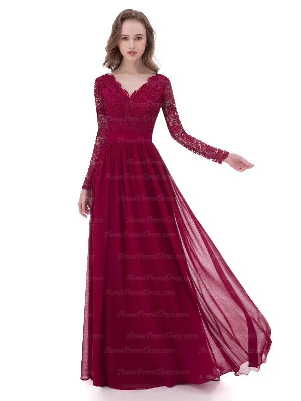 Hurry In Sexy Prom Dresses V-neck Burgundy Long Lace Prom Dress Chiffon Evening Dress AX001