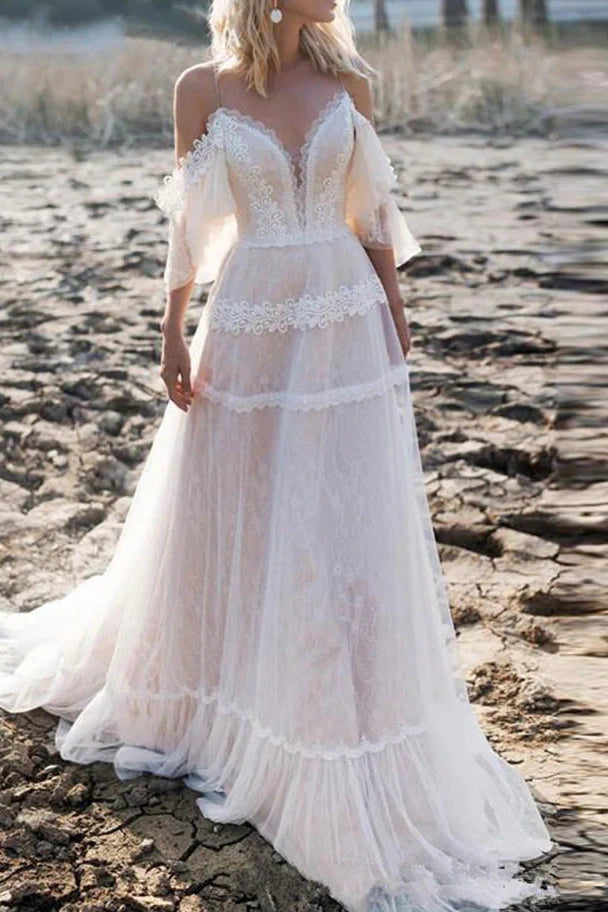 Super Sale cocktail party dressOff-Shoulder V-Neck A-Line Lace Boho Wedding Dress