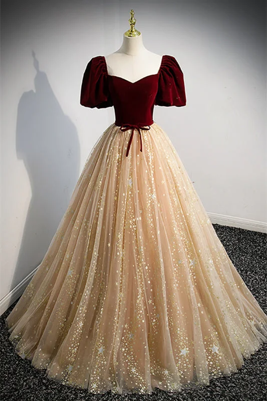 Shop and Save form-fitting dressRed & Champagne Puff Sleeves Prints Long Formal Dress with Sash