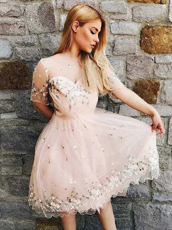 Lowest Price Beautiful Homecoming Dresses A Line Short Sleeve Lace Short Prom Dress Cute Party Dress JK834