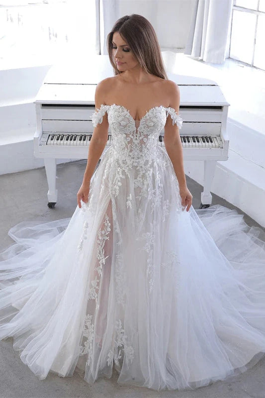 Extra Discounts chic wrap dressOff Shoulder Lace A-Line Appliques Wedding Dress With Tulle Train Extra Discounts chic wrap dressOff Shoulder Lace A-Line Appliques Wedding Dress With Tulle Train