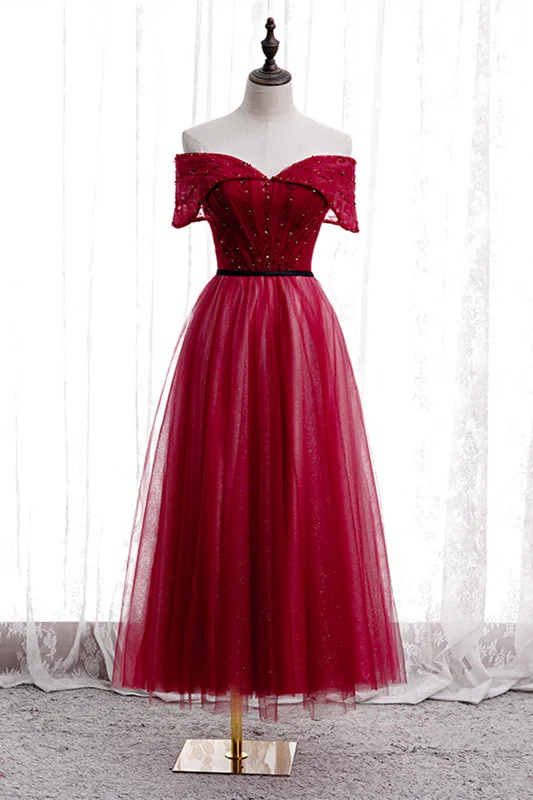 Blowout Deals winter dressRed Folded Off-the-Shoulder Beaded Tea Length Formal Dress Blowout Deals winter dressRed Folded Off-the-Shoulder Beaded Tea Length Formal Dress
