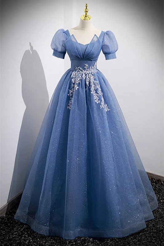 Special Discount modern dressLight Blue Puff Sleeves Appliques Long Formal Dress