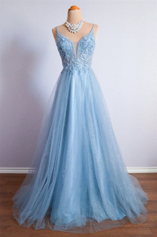 Early Access floral dressSky Blue A-line V Neckline Spaghetti Strap Sheer Beaded Lace Long Formal Dress