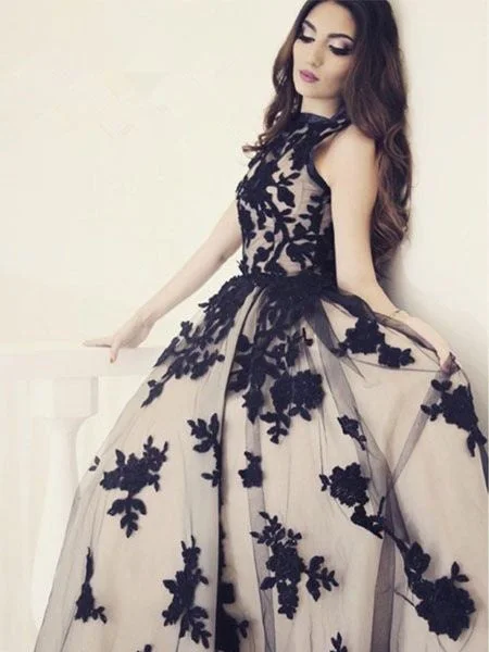 Time-Limited Offer Black Prom Dresses Scoop A Line Floor-length Appliques Long Prom Dress Sexy Evening Dress JKL628