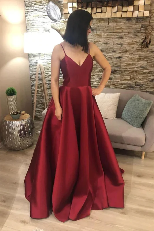 Sneak Peek Sale lace-up dressV Neck Open Back Burgundy Satin Long Prom Dress, V Neck Burgundy Formal Graduation Evening Dress Y210
