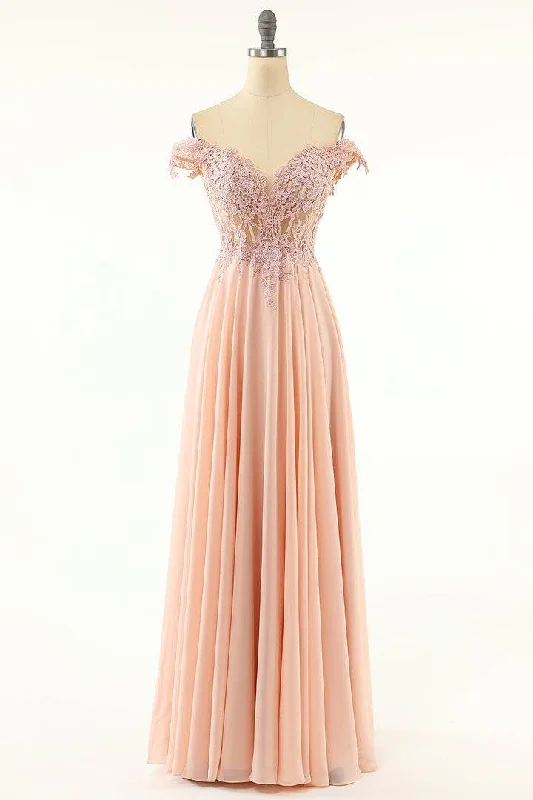 Doorbuster Deal minimalistic dressBlushing Pink A-line Off-Shoulder Chiffon Applique Lace-Up Long Prom Dress