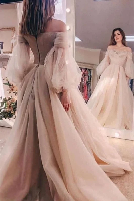 Lowest Price Off the shoulder Beads puff sleeve Tulle Ball Gown Evening Dress