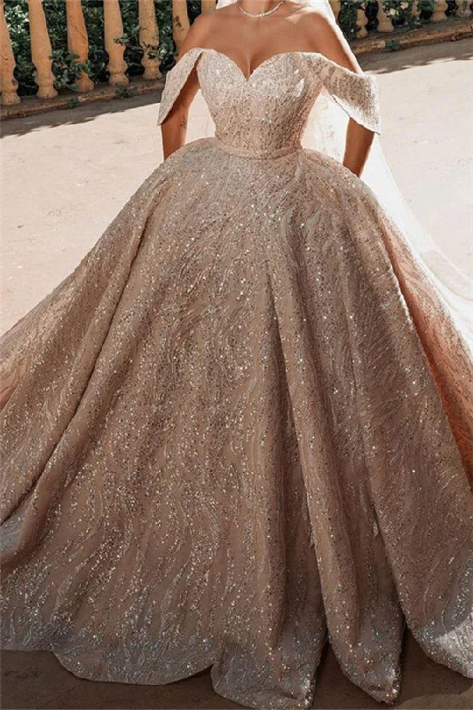 Don't Miss Luxurious Off the Shoulder Sequins Ball Gowns for Women A line Satin Bridal Gowns