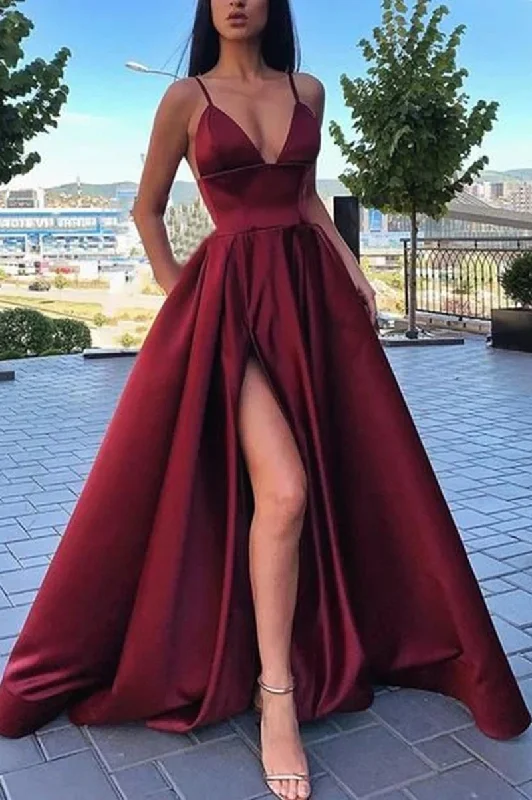 Can't Be Beat A Line Satin V Neck Spaghetti Straps Prom Dresses in different colors  GJS109