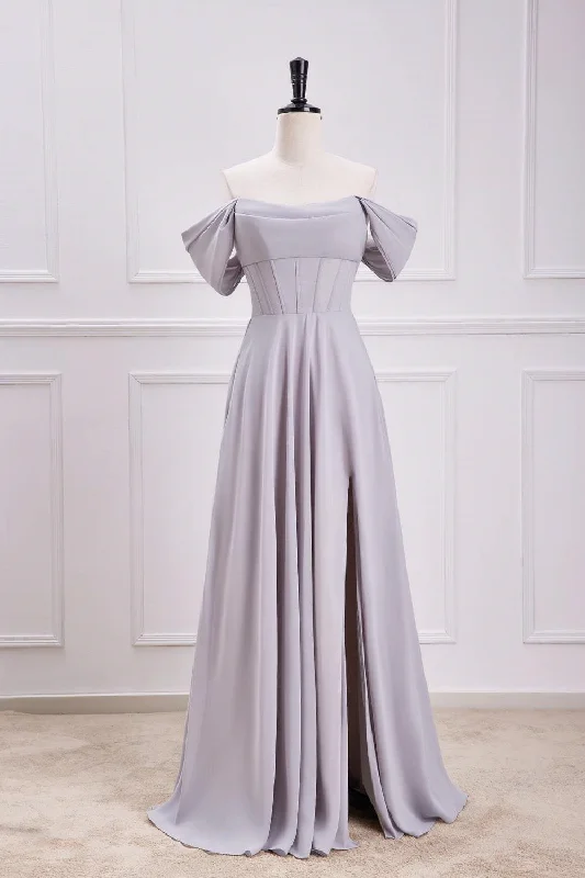 Weekend Deal party-ready dressGrey Off-Shoulder A-line Chiffon Long Bridesmaid Dress with Slit Weekend Deal party-ready dressGrey Off-Shoulder A-line Chiffon Long Bridesmaid Dress with Slit