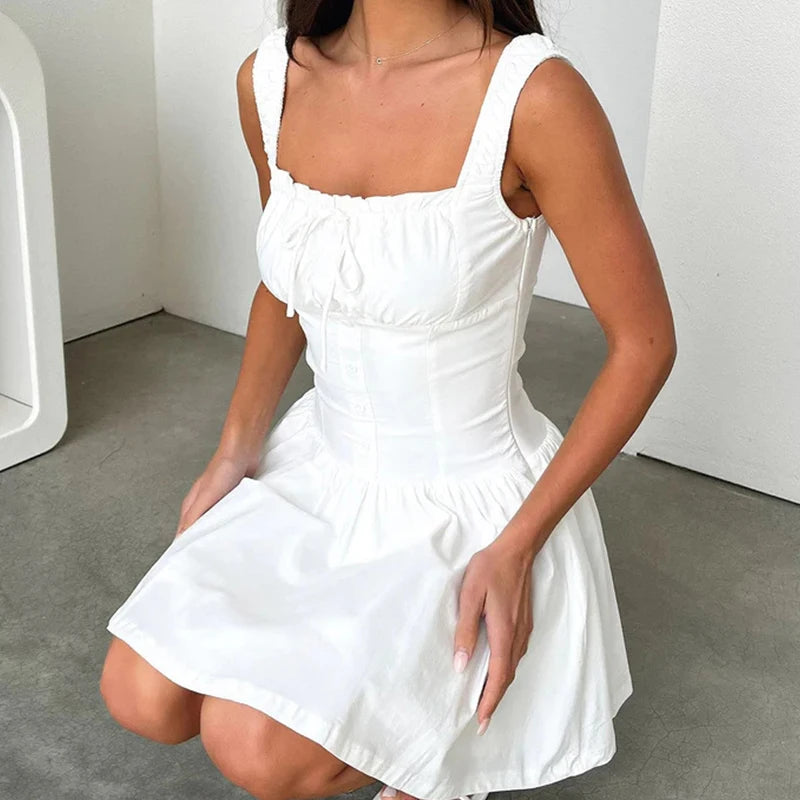 Discount Deals cold weather jacket2024 Summer Women Spaghetti Strap Dress Sweet Elegant Square Neck Waist Banquet Dress Casual Hollow Button Pleated Mini Dresses