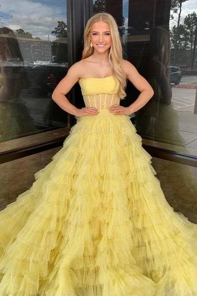 Act Now wrap dressGlitter Tulle A-Line Strapless Sheer Tiered Long Prom Dress
