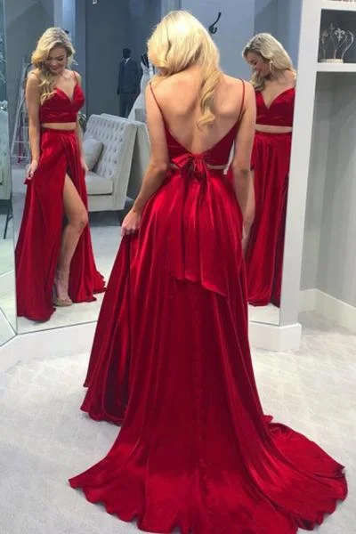 Closeout Sale Two Piece Spaghetti Straps Backless Sweep Train Red Prom Dress with Split PD7