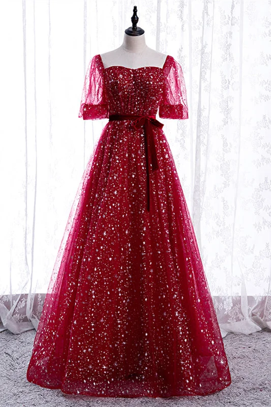 Limited Time t-shirt dressRed Sweetheart Illusion Sleeves Sparkly Prints Maxi Formal Dress with Sash