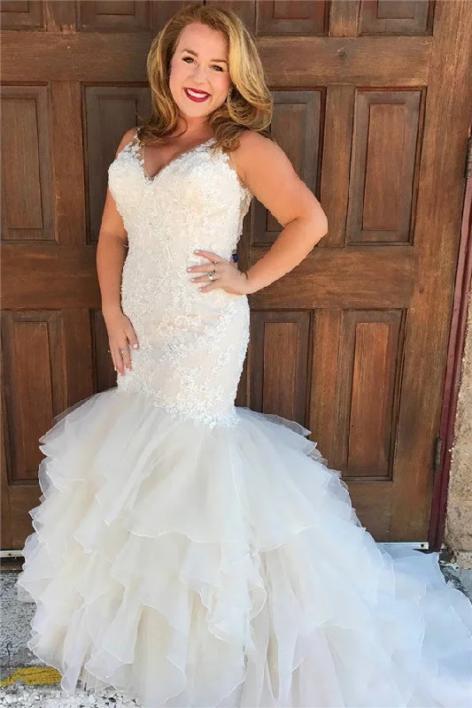 Final Markdown V neck Mermaid Sleeveless White Beach Wedding Dresses