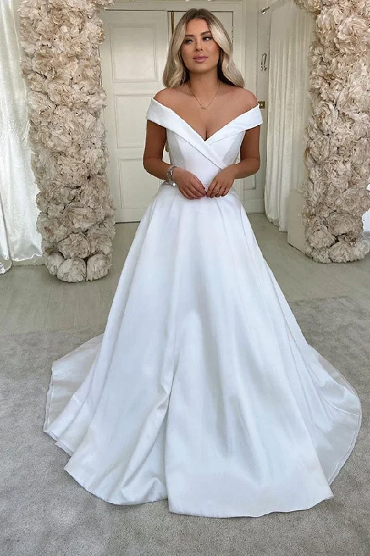 Great Deals Simple Retro White Off the shoulder A line Bridal Gowns