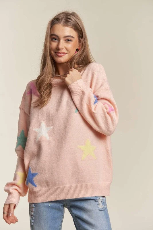 Limited Time lightweight hooded sweatshirtfitness hoodie for trainingADORA Stars Pattern Round Neck Drop Shoulder Sweater