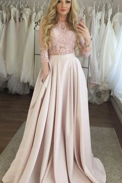 Best Bargains Two Piece Crew 3/4 Sleeves Floor-Length Pink Prom Dress with Lace Pockets LPD80