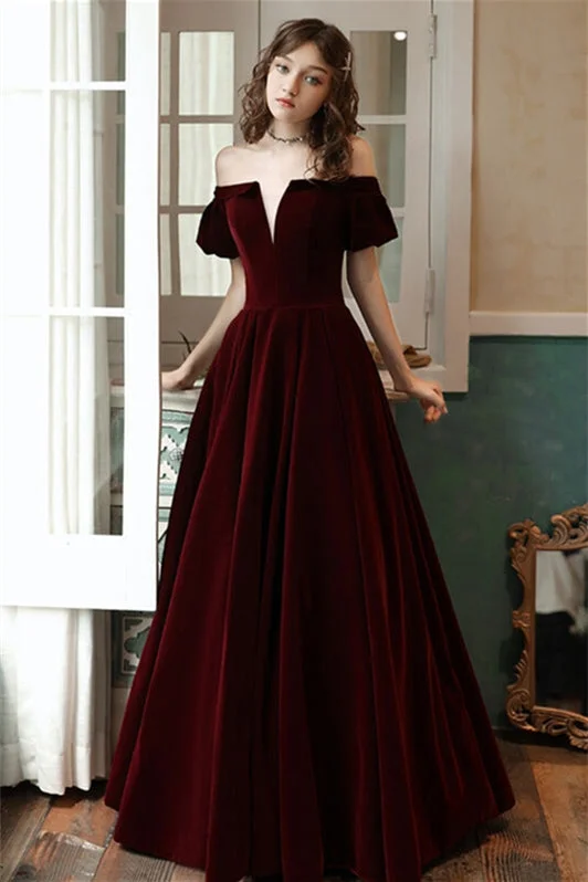 Reduced Prices chic shift dressBell Sleeves Burgundy Velvet Formal Dress