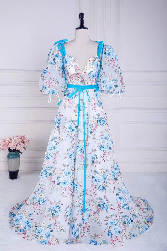 Doorbuster Deal off-shoulder dressBlue and White Bow Tie Straps Puff Sleeves Long Prom Dress with Slit