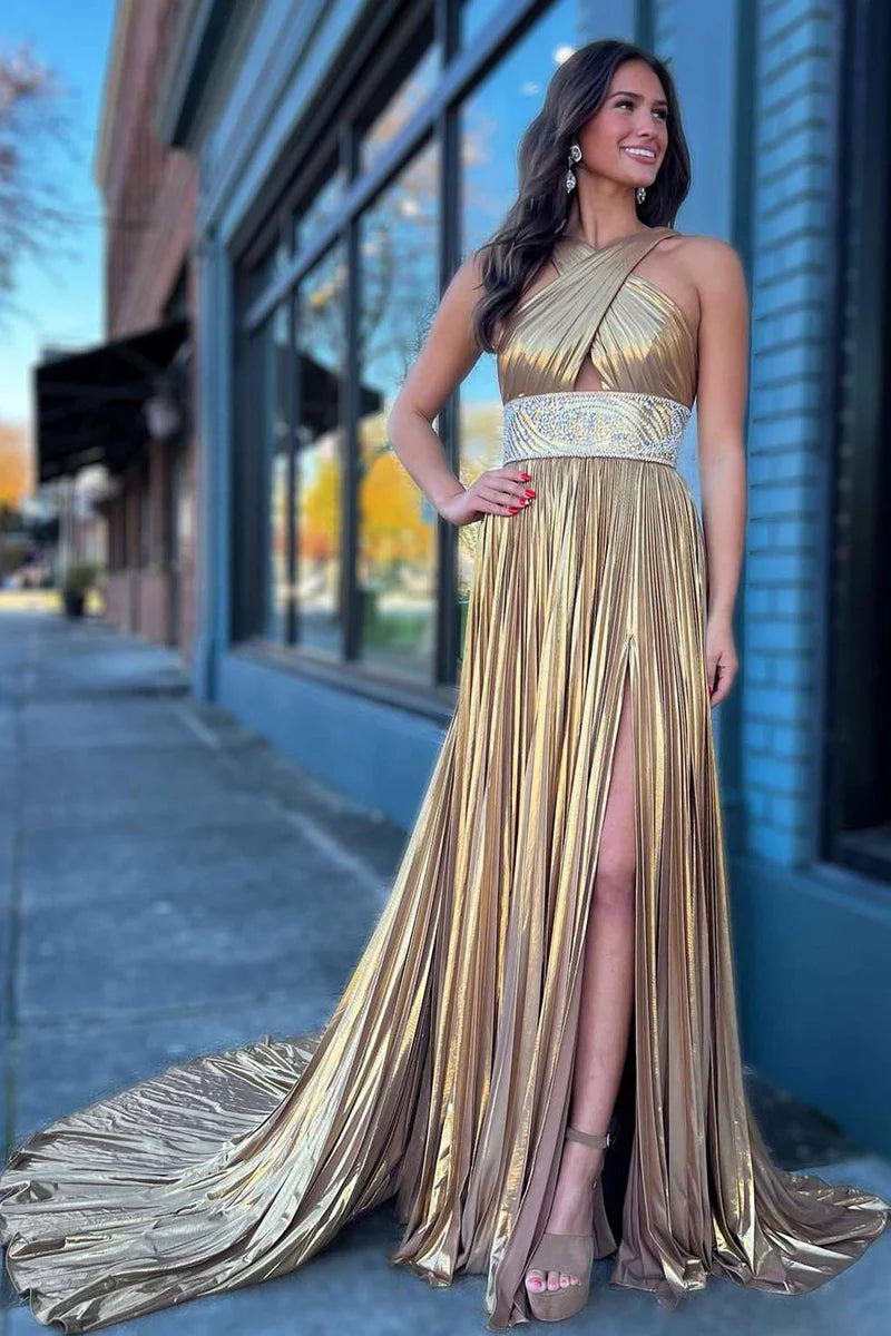 Deal Dash boho dressChic Satin A-Line Halter Empire With Train Prom Dress
