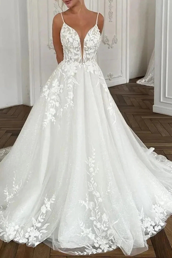 Discount Deals evening dressV-Neck Spaghetti Straps Tulle A-Line Appliques Wedding Dress