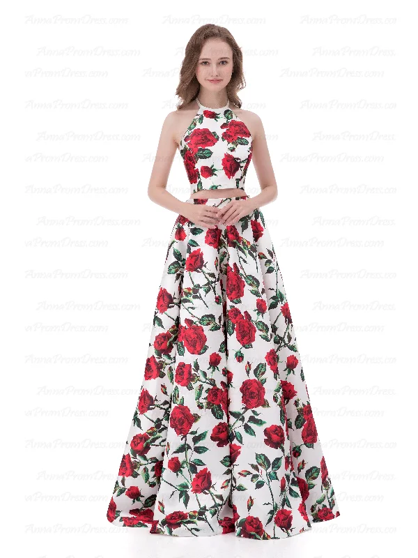 Instant Savings Two Piece Prom Dresses A-line Floor-length Satin Sexy Floral Print Prom Dress AX006