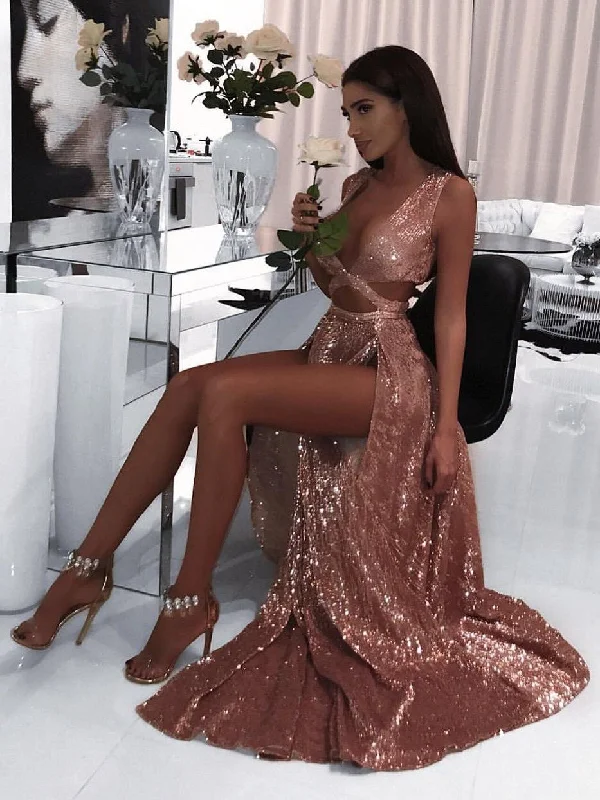 Discount Extravaganza Sexy Prom Dresses Aline V Neck Floor-length Long Deep V Double Slit Prom Dress JKL1553