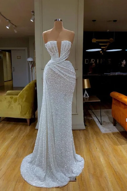 Final Markdown textured dressSparkle White Long Mermaid Plunging V-neck Sequined Prom Dress Y4402