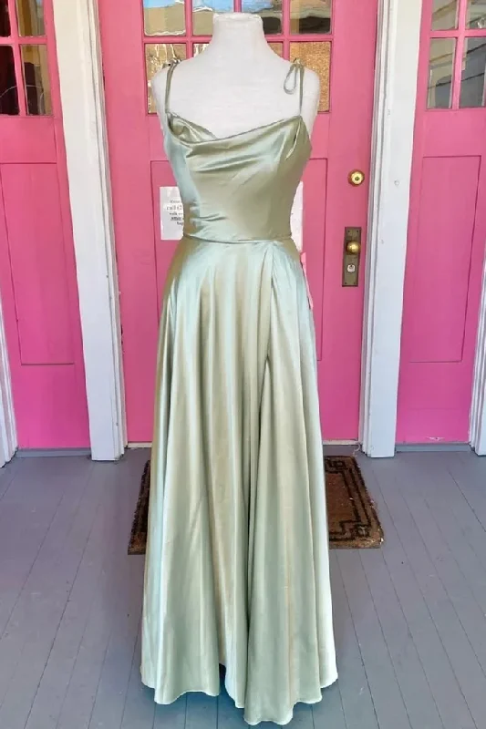 Bargain Bin stylish party dressOpen Back Sage Satin Long Prom Dress with High Slit, Long Sage Formal Graduation Evening Dress Y207