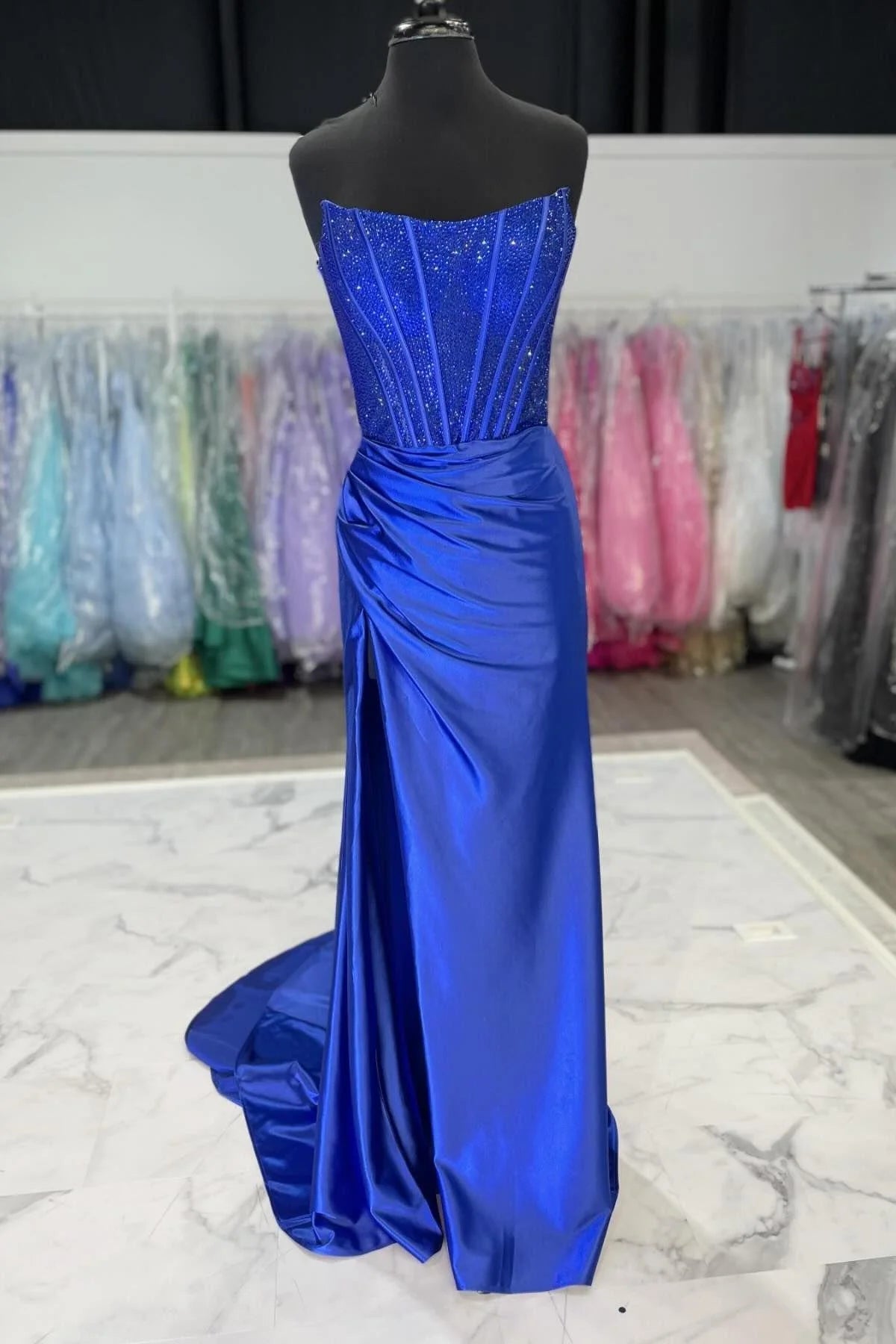Bargain Blast chic wrap dressBeaded Strapless Empire Ruched Long Prom Dress With Train