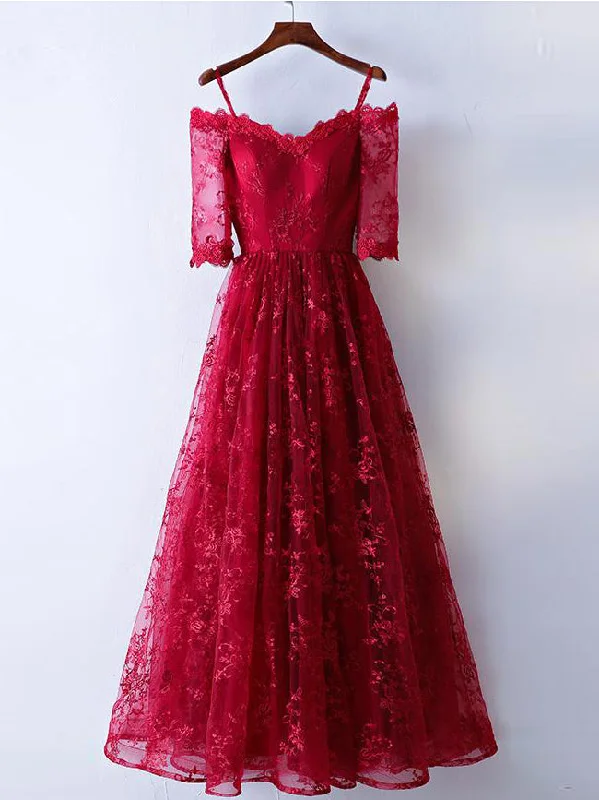 Today Only Burgundy Prom Dresses Off-the-shoulder A-line Sexy Prom Dress Lace Evening Dress JKL476