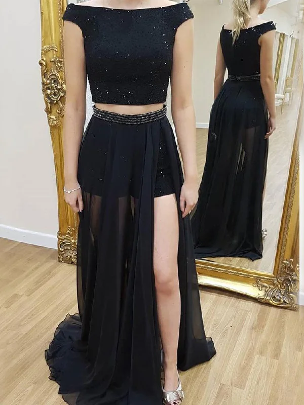 The Best Prices Two Piece Prom Dresses with Slit Bateau Sparkly Beading A Line Sexy Black Prom Dress JKL1516