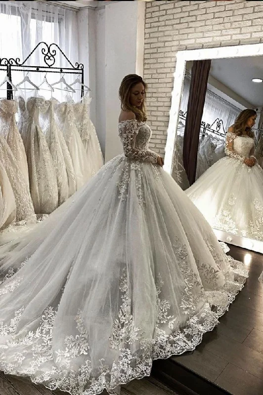 Price Rollback Romantic Off the ShoulderLace Ball Gown White Spring Bridal Gown Long Sleevess