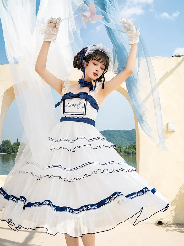 Limited Quantity boho dressMademoiselle Pearl~Elegant Lolita Navy Blue-white JSK and OP