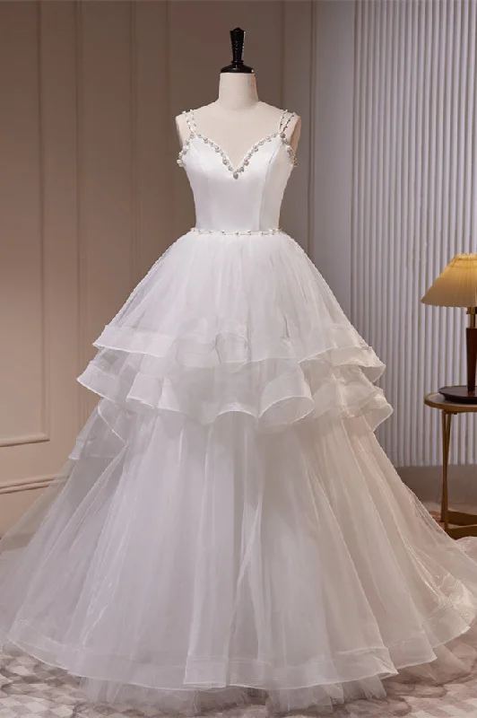 Limited Time office dressWhite Pearl Beaded Double Straps Ruffle-Layers Long Wedding Dress Limited Time office dressWhite Pearl Beaded Double Straps Ruffle-Layers Long Wedding Dress