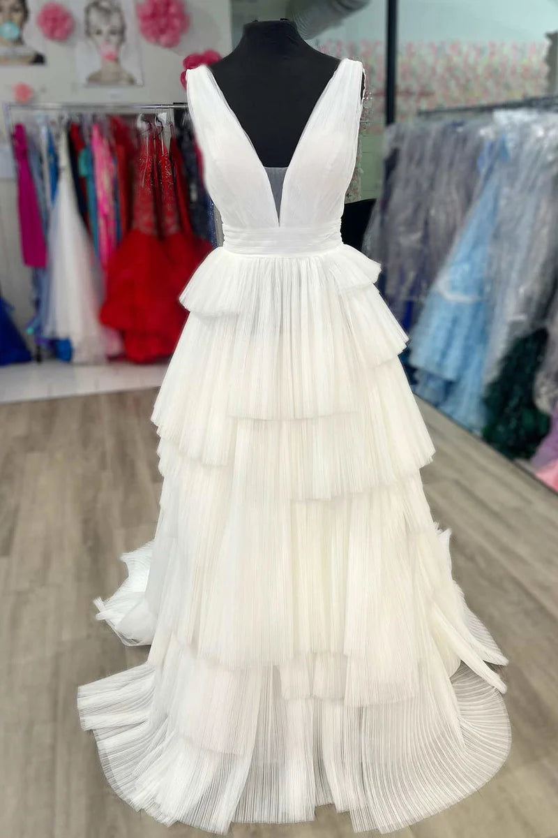 Don't Wait wrap dressTulle A-Line V-Neck Sleeveless Empire Tiered Prom Dress