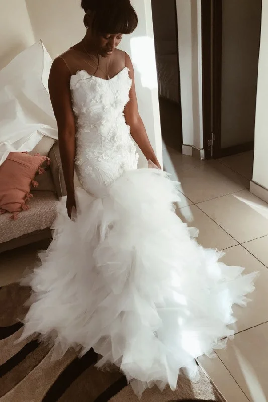 Final Clearance Mermaid Floral Appliques Ruffless Wedding Dresses Sheer Tulle Backless Sleeveless Bridal Gowns