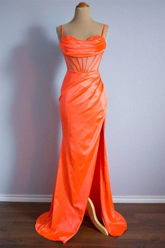 Year-End Sale knit dressOrange Mermaid Spaghetti Straps Pleated Beading Long Formal Dress