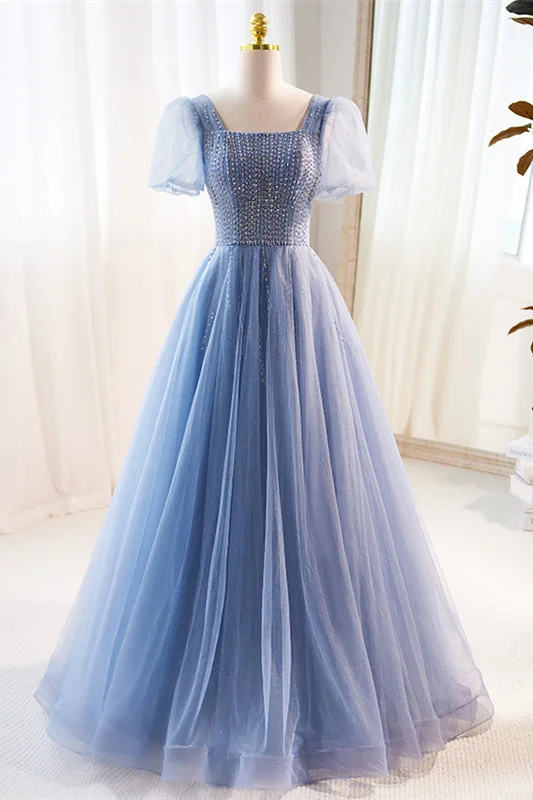Today Only casual summer dressBlue Beaded Puff Sleeves A-line Tulle Long Prom Dress