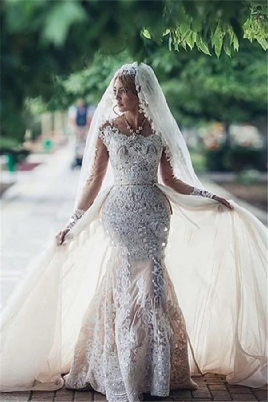 Deal Explosion Glamorous Mermaid Long Sleevess Lace Wedding Dresses Scoop Appliques Detachable Skirt Bridal Gowns