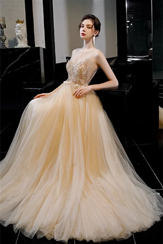 Don’t Miss Out trendy dressScoop Champagne A-line Long Formal Dress