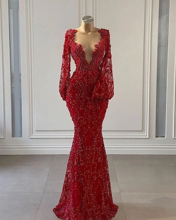 Members Only off-the-shoulder dressRed Prom Dress long Prom Dresses Long Sleeve Lace Mermaid Evening Gowns Y69